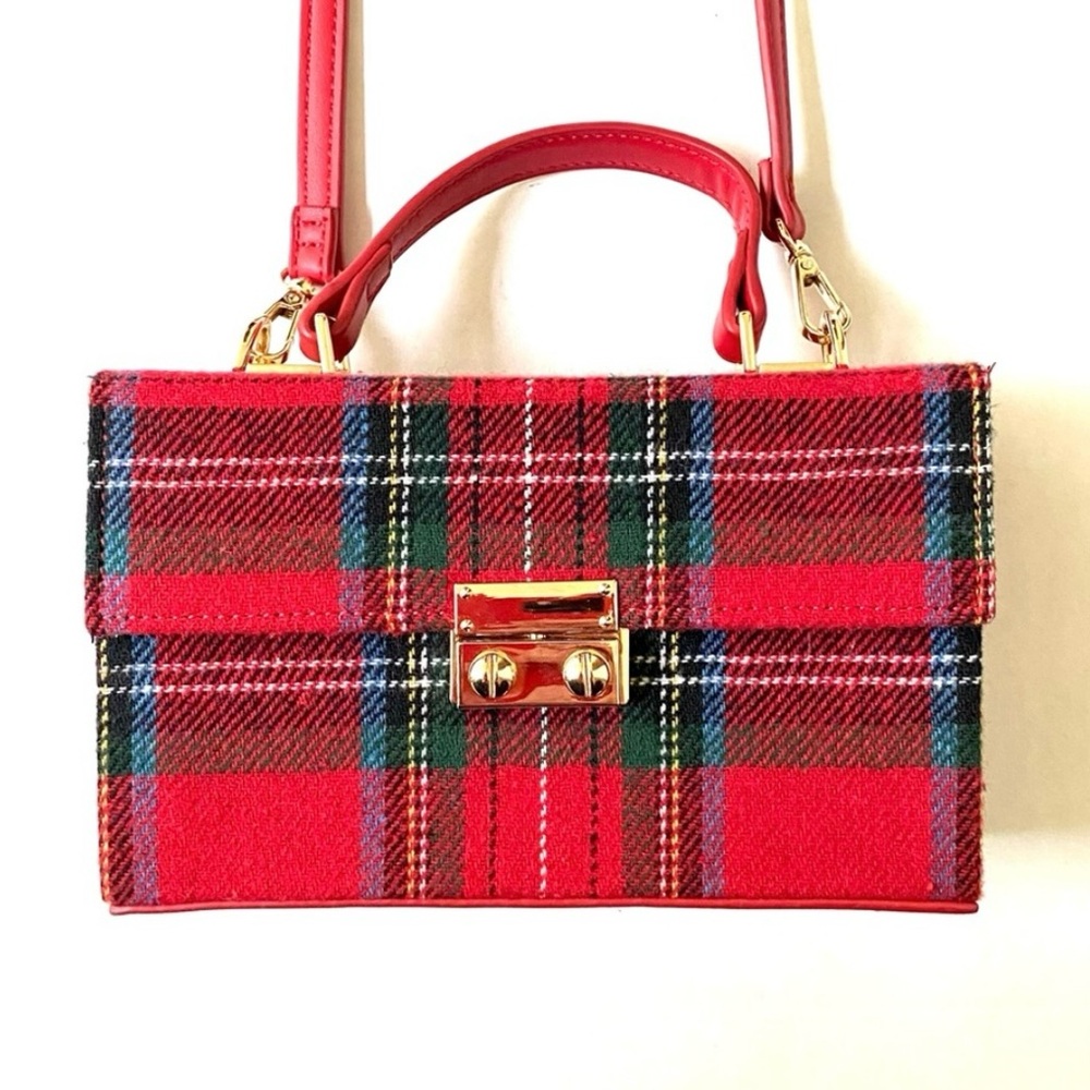 Red Green Plaid Tartan Pattern Small Box Crossbody Bag Purse Y2K Punk Emo Preppy